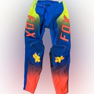 Fox Motocross 180 Blue Racing Pants with Neon Yellow, Orange and Leather Accents